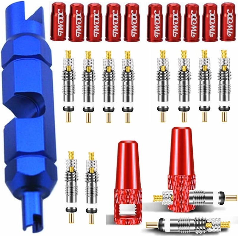 Aracey 10Pieces Presta Valve Core,12Pieces Alloy Presta Valve Caps with Alloy Valve Core Remover Tool for Tubeless Road MTB Bike, Stan's, Vittoria, Continental, Kenda and More - Image 1